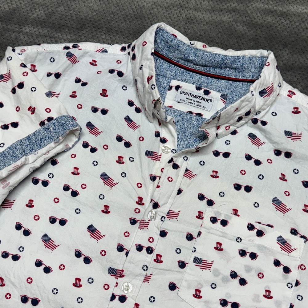 Eighth Avenue Mens Large White Americana Patriotic Flag Short Sleeve Button Down
